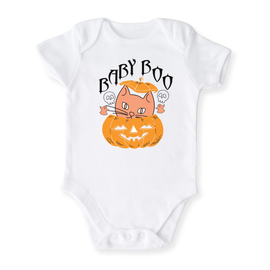 Baby Boo Baby Bodysuit, Cute Halloween Toddler & Kids T-Shirt, Pumpkin Halloween Cat Shirt