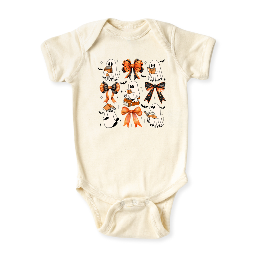 Cute Halloween Baby Bodysuit, Ghost Reading Books Halloween Toddler & Kids T-Shirt, Cute Bows Girl Tee