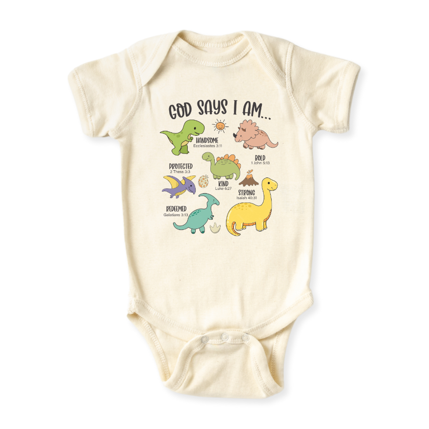 God Says I Am Dinosaur Baby Bodysuit – Dino Kids T-Shirt Toddler Tee, Religious Inspirational