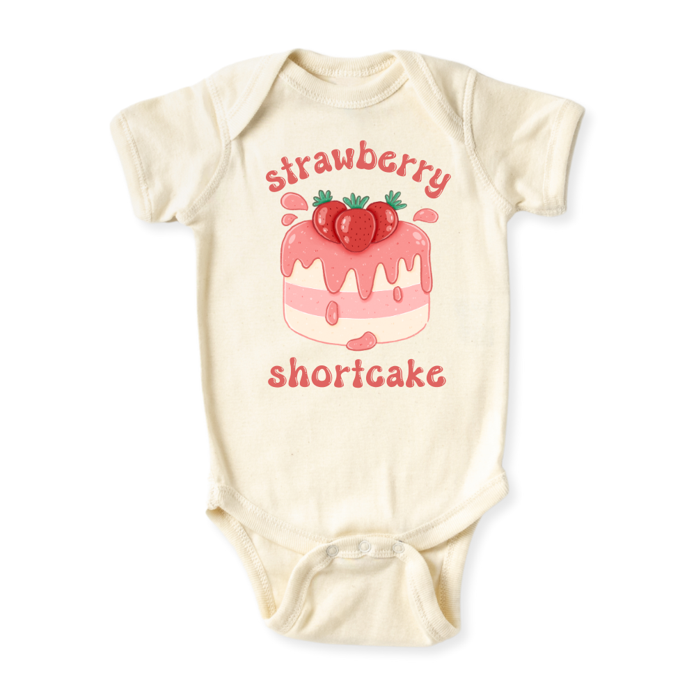 Strawberry Shortcake Dessert Sweet Baby onesie newborn onsie baby shower gift Fall Halloween Autumn baby girl toddler kids shirt tee tshirt unisex bodysuit pregnancy announcement baby surprise baby reveal Summer Strawberries Berry Cute Fruits