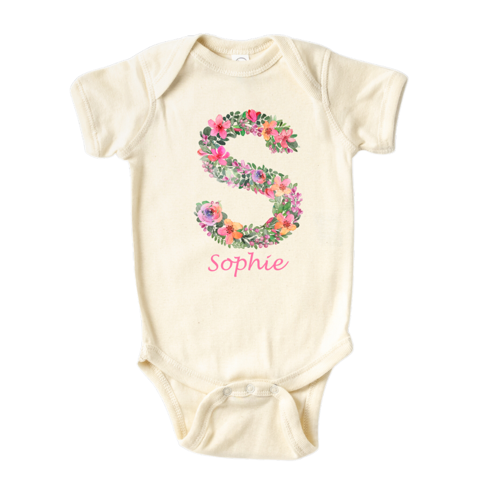 Baby Onesie - Cute Baby Bodysuit - Floral Baby Clothes - Floral Baby Onsie Custom Name Initial - Baby Gift
