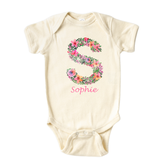 Baby Onesie - Cute Baby Bodysuit - Floral Baby Clothes - Floral Baby Onsie Custom Name Initial - Baby Gift