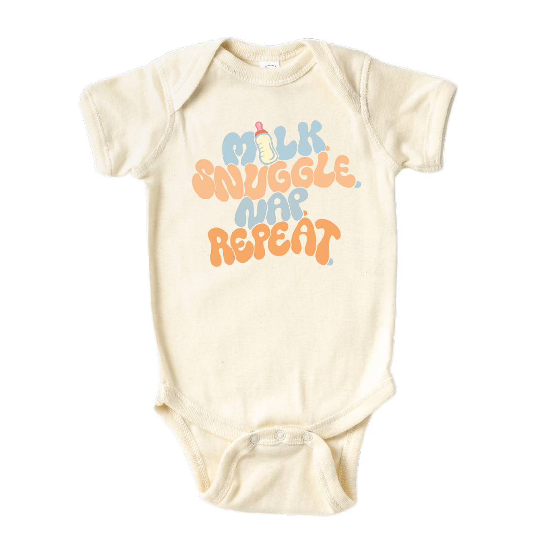 Natural Baby Bodysuit with a fun printed graphic and the text 'Milk Snuggle Nap Repeat.' This playful and cute design captures the essence of cozy and comforting moments.
