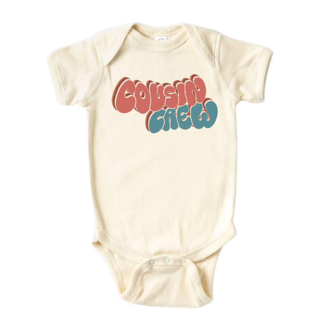 Natural Onesie with a groovy printed graphic and the text 'Cousin Crew.' This trendy and cool design celebrates the bond of cousins in a unique and stylish way.