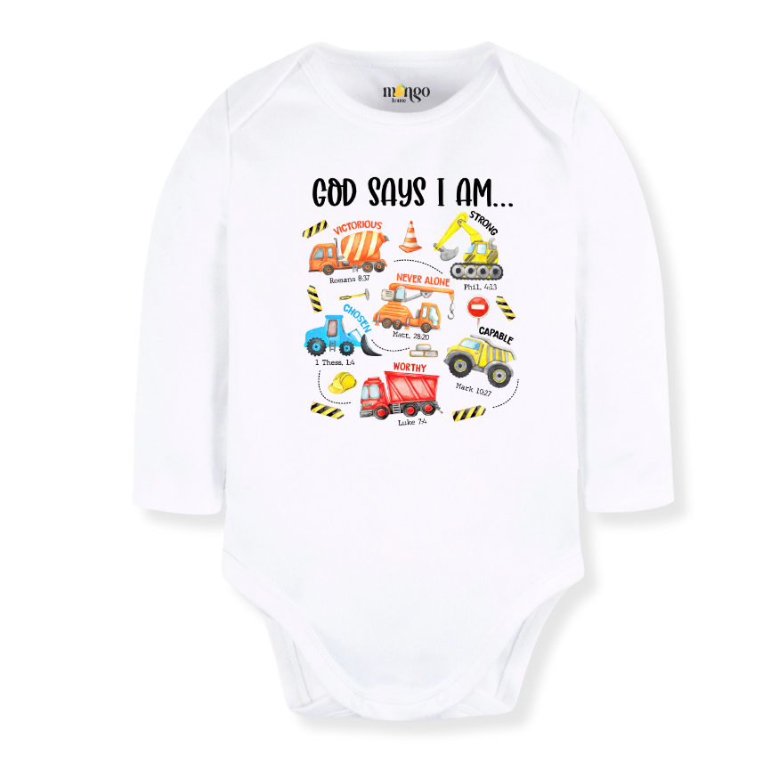 God Says I Am Construction Vehicles Baby Bodysuit – Construction Themed Kids T-Shirt Toddler Tee