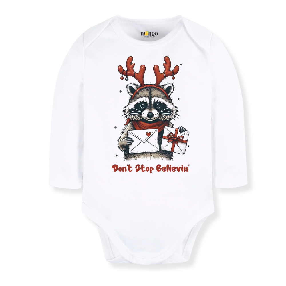 Don't Stop Believing Tshirt Christmas Baby Bodysuit, Kids & Toddler T-Shirt – Funny Racoon Outfit