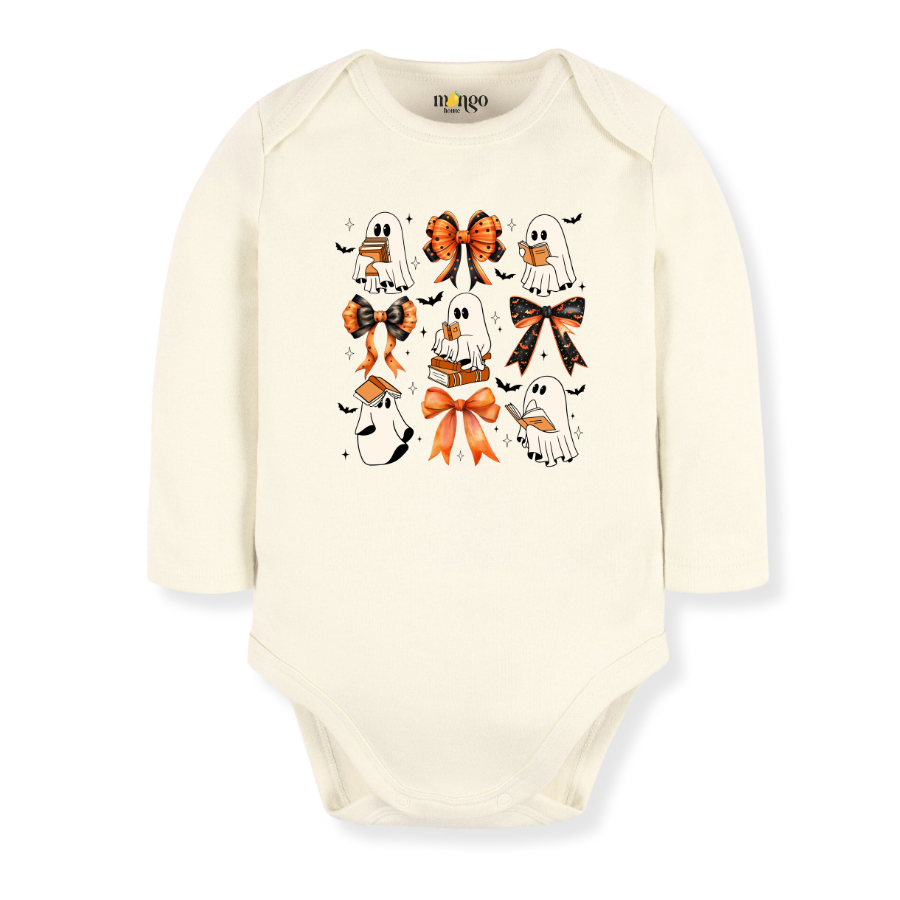 Cute Halloween Baby Bodysuit, Ghost Reading Books Halloween Toddler & Kids T-Shirt, Cute Bows Girl Tee