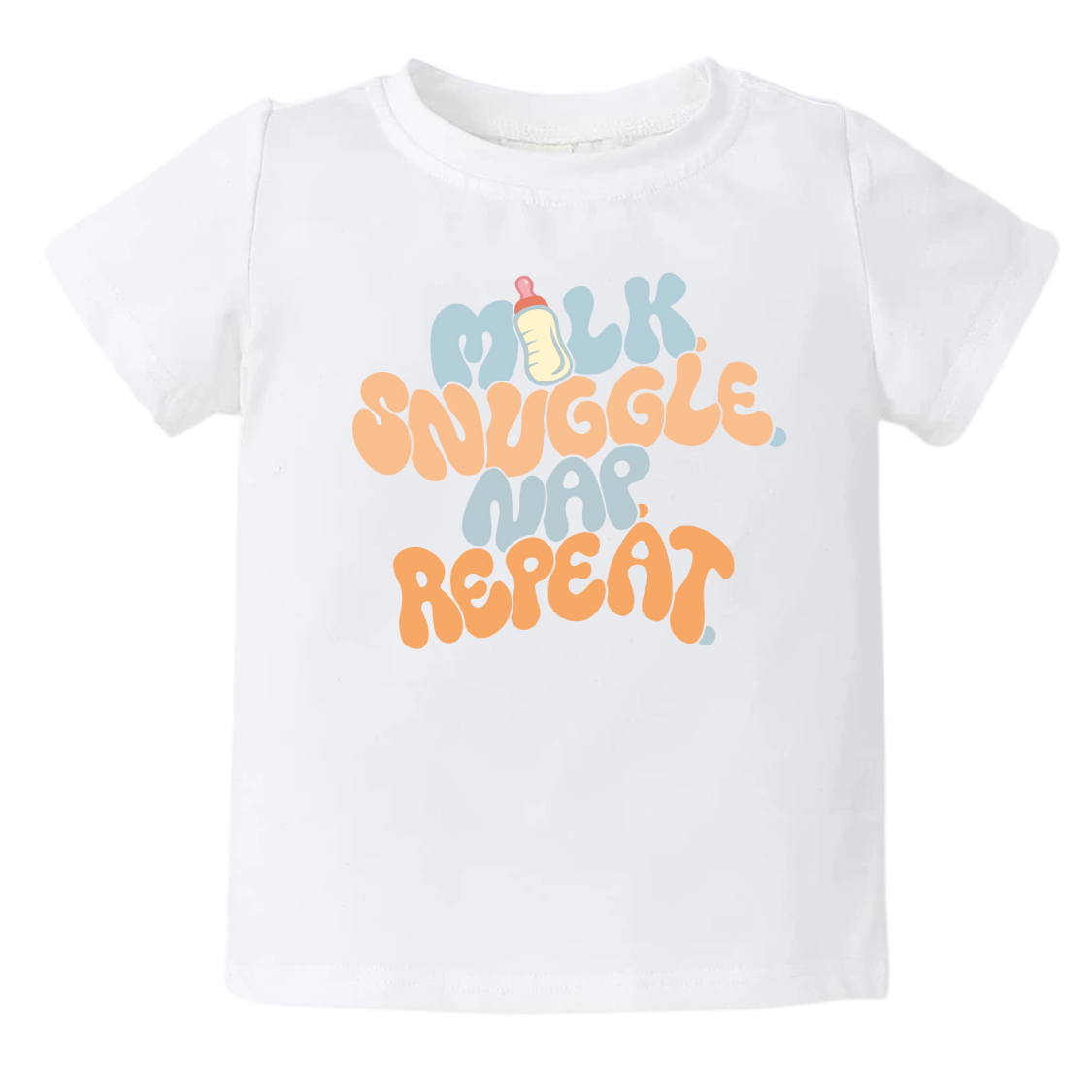 White Tshirt for Kid with a fun printed graphic and the text 'Milk Snuggle Nap Repeat.' This playful and cute design captures the essence of cozy and comforting moments.