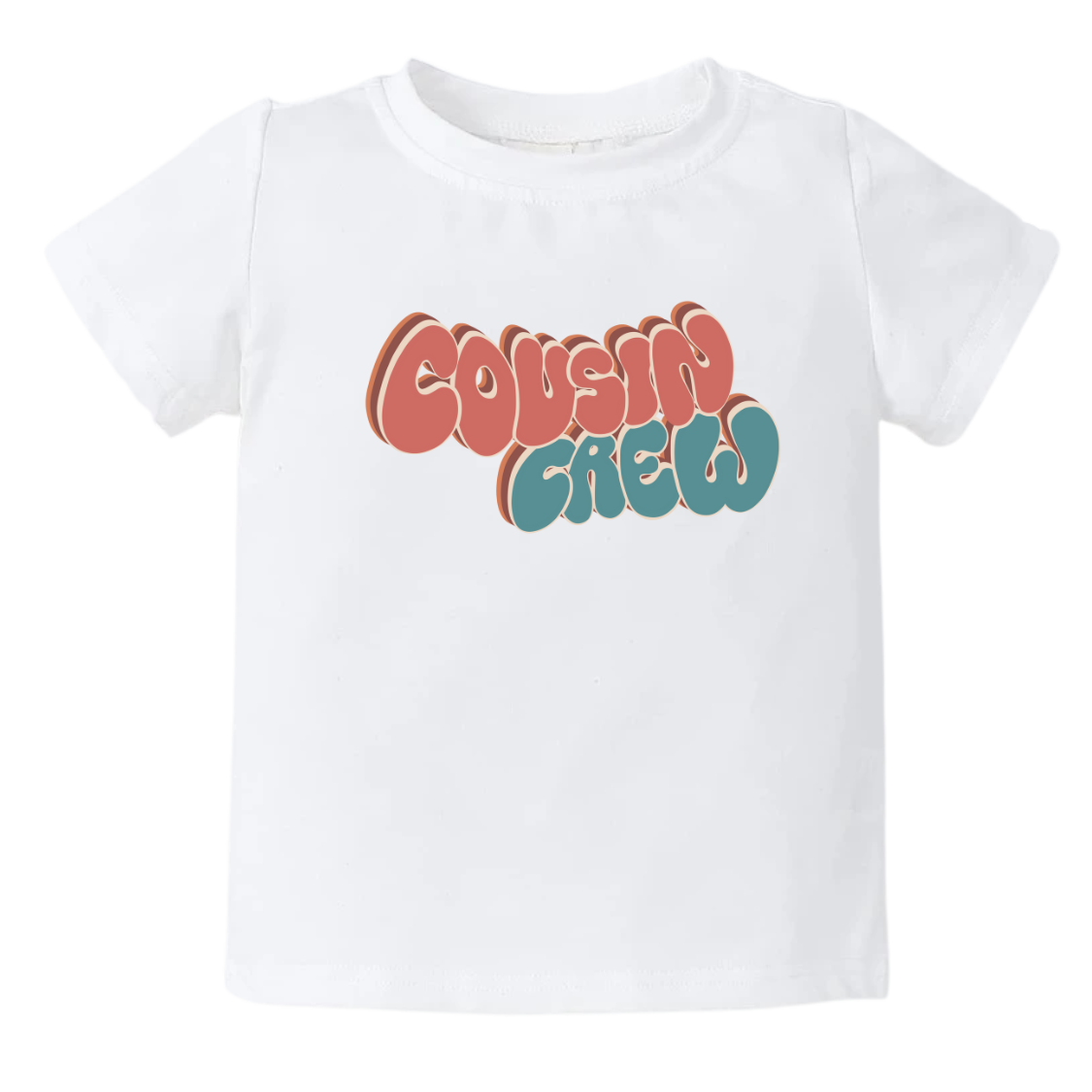 White Kid Tshirt with a groovy printed graphic and the text 'Cousin Crew.' This trendy and cool design celebrates the bond of cousins in a unique and stylish way.