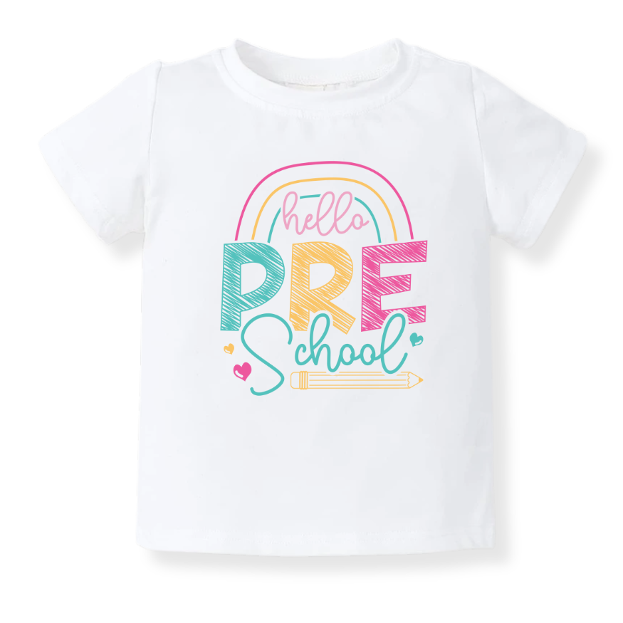 Hello Pre School Tshirt – Cute Rainbow Kids T-Shirt & Toddler Tee, Back-to-School Outfit for Preschoolers