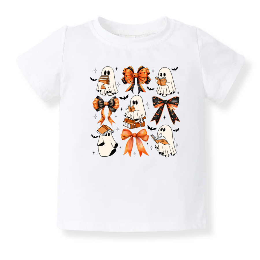 Cute Halloween Baby Bodysuit, Ghost Reading Books Halloween Toddler & Kids T-Shirt, Cute Bows Girl Tee