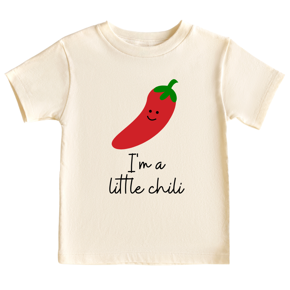 Natural Kid's t-shirt featuring a playful printed graphic of a chili and the text 'I'm A Little Chili.' Explore this vibrant and fun tee, perfect for adding a touch of spice to your child's wardrobe.