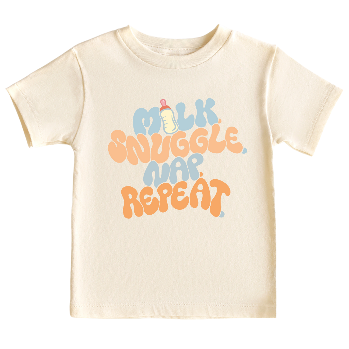 Natural Kid Tshirt with a fun printed graphic and the text 'Milk Snuggle Nap Repeat.' This playful and cute design captures the essence of cozy and comforting moments.