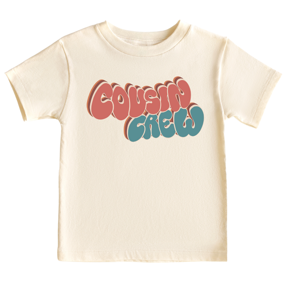 Natural Tshirt for Kid with a groovy printed graphic and the text 'Cousin Crew.' This trendy and cool design celebrates the bond of cousins in a unique and stylish way.