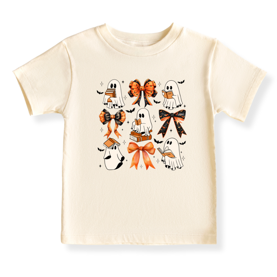 Cute Halloween Baby Bodysuit, Ghost Reading Books Halloween Toddler & Kids T-Shirt, Cute Bows Girl Tee