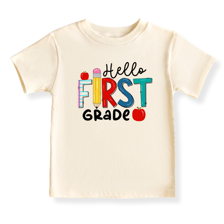 Hello First Grade Tshirt Cute Kids T-Shirt Toddler Tee, Back-to-School Outfit
