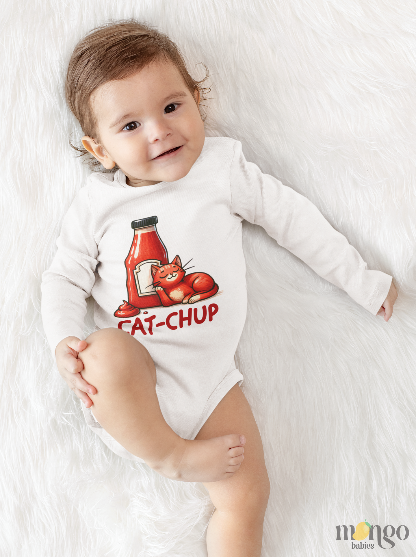 Cute cartoon cat next to a ketchup bottle with the word “Catchup” printed on a baby bodysuit, kids’ T-shirt, children’s sweater, and unisex adult shirt