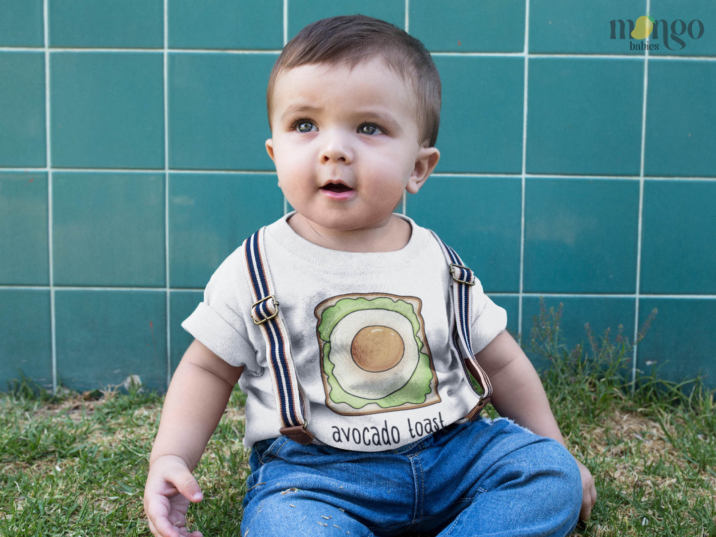 Cute avocado toast graphic printed on baby bodysuit, kids’ shirts, sweaters, and unisex adult T-shirts.