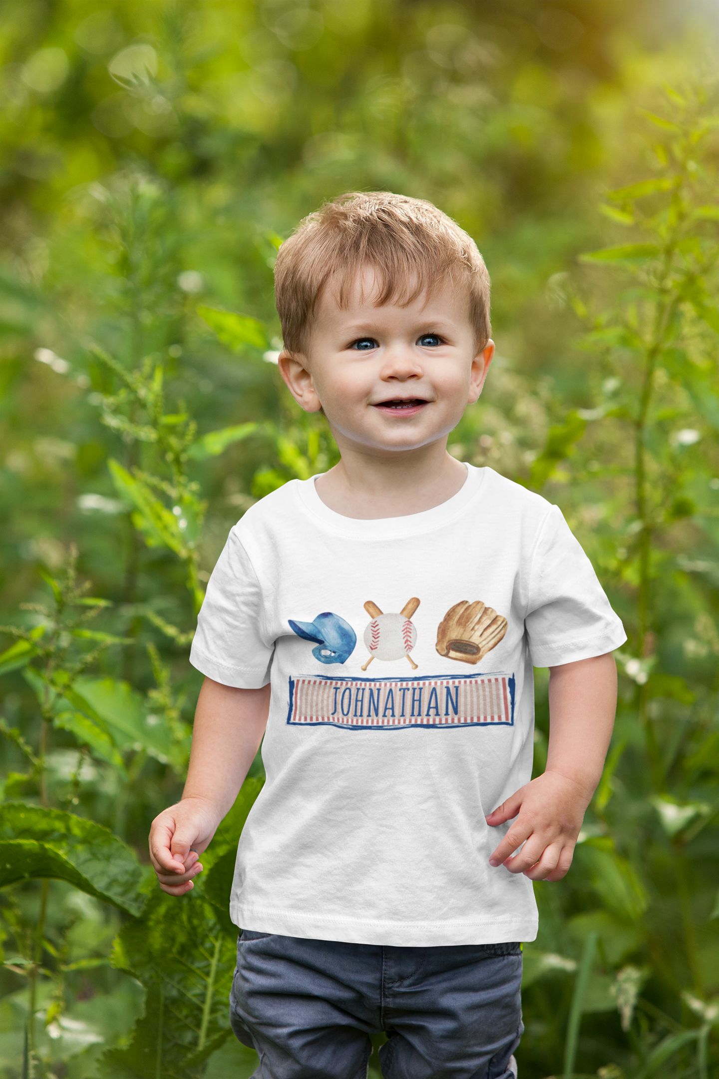 Kid's t-shirt with a cute printed design of baseball theme, customizable with a name option.
