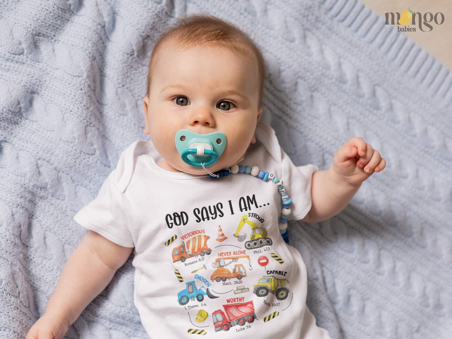 God Says I Am shirt with cute construction vehicles – baby, kids, and adult sizes