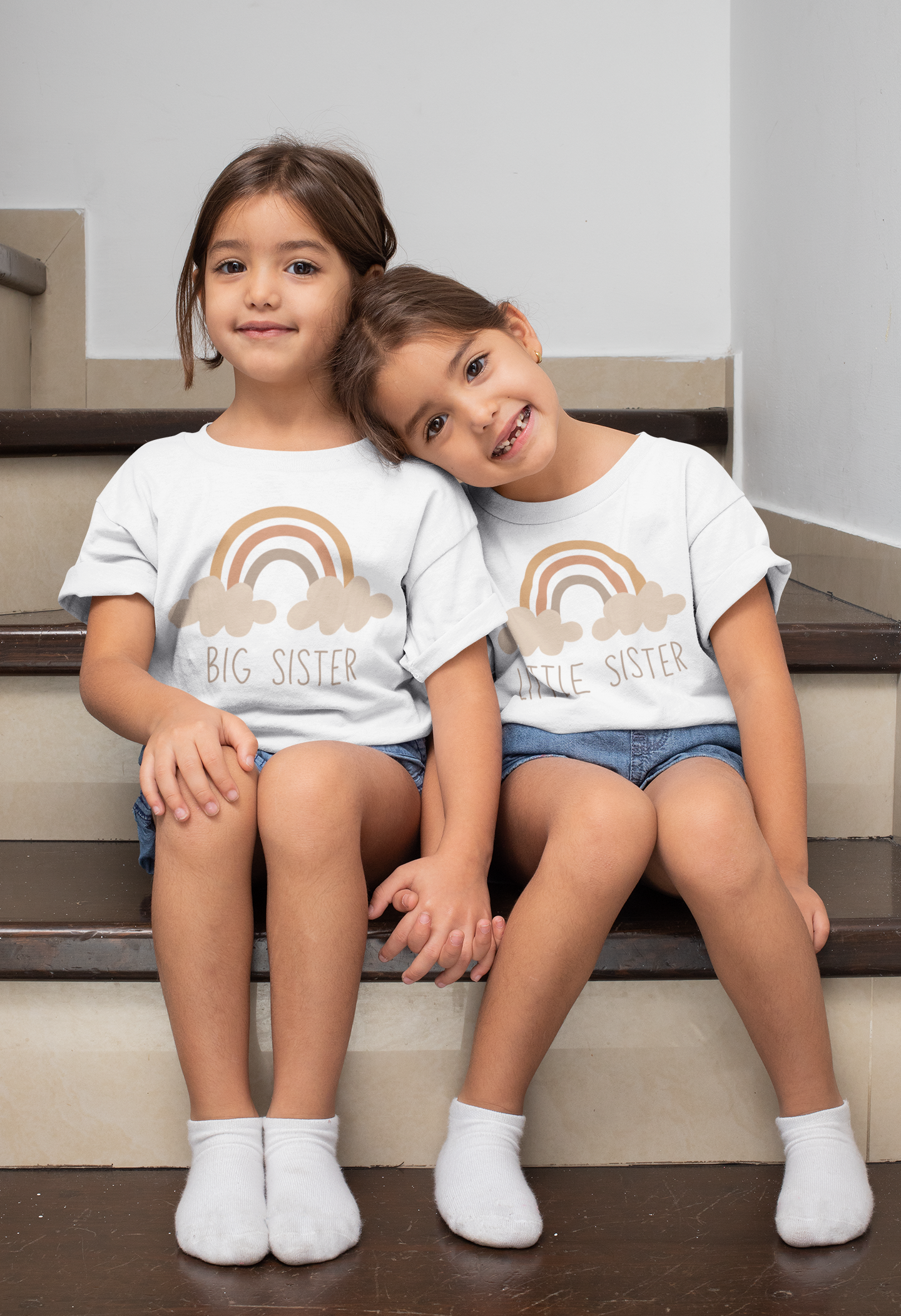 Boho pastel rainbow shirt with “Little Sister” text, available as a baby onesie, toddler t-shirt, or kids’ tee. Soft cotton and perfect sibling gift.