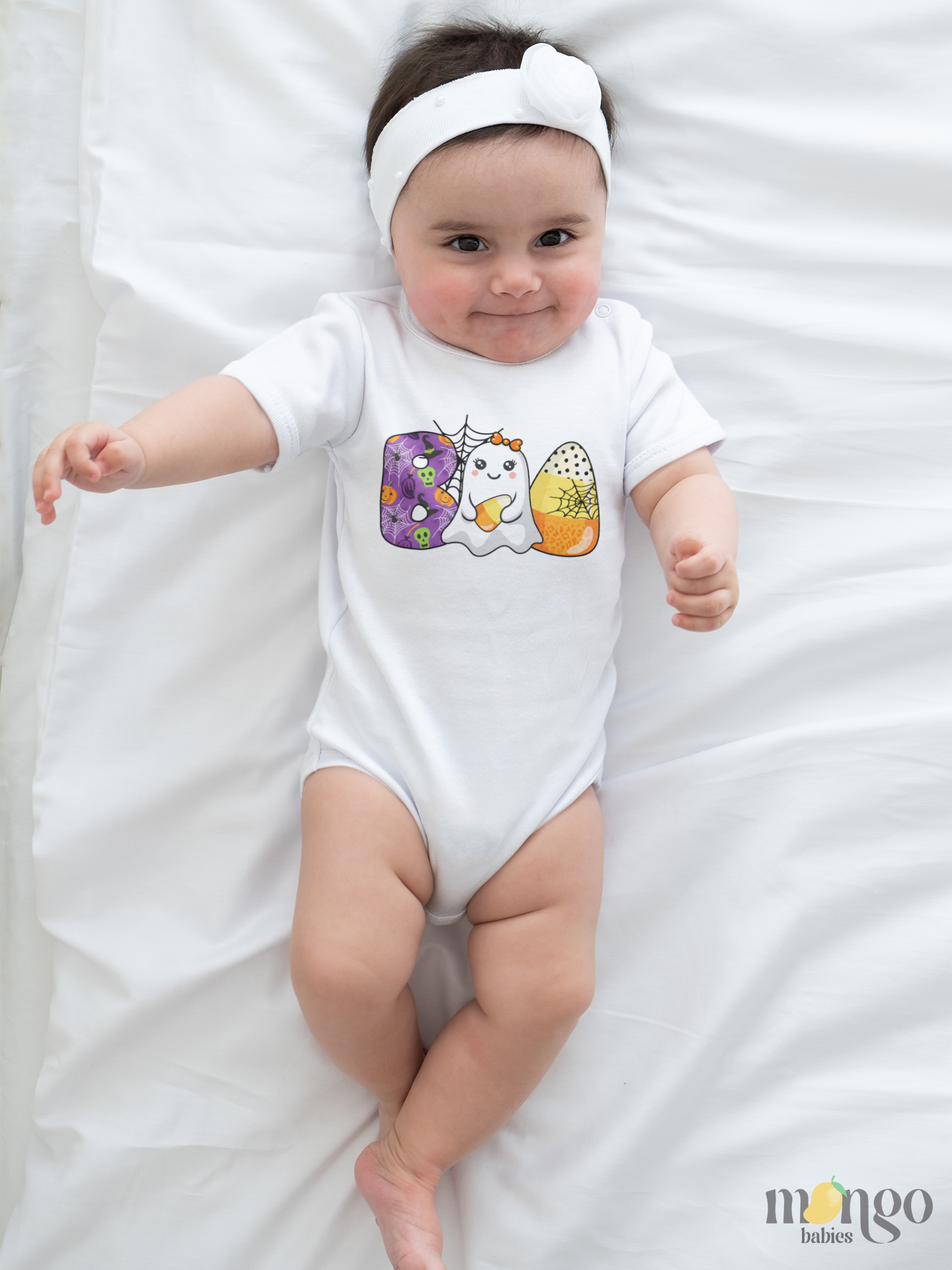 Halloween “BOO” candy corn design printed on baby onesie, toddler T-shirt, and kids’ shirt. Soft cotton, festive colors, unisex fit.