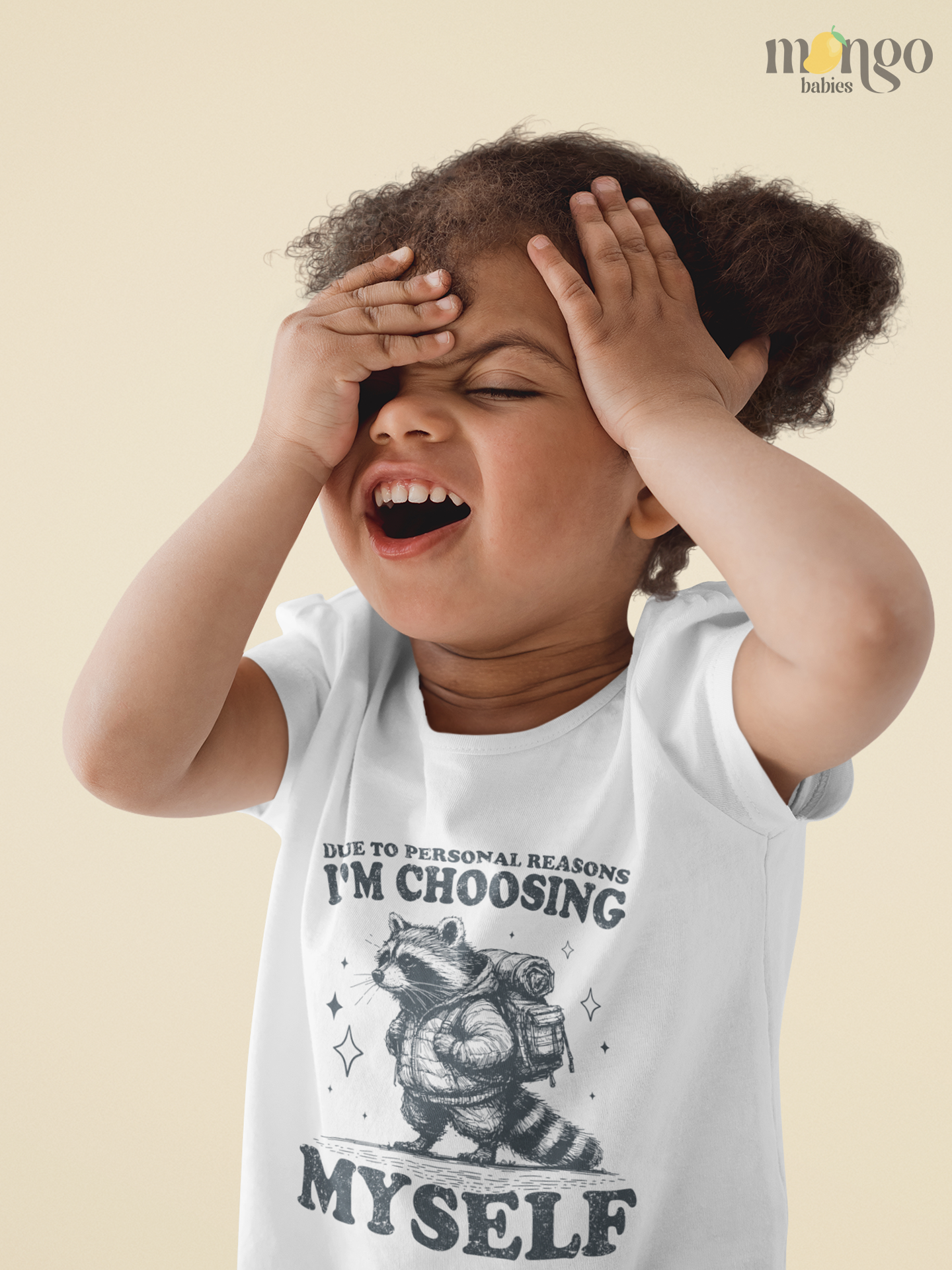 Cute raccoon wearing a backpack with text “Due to personal reasons I’m choosing myself” printed on a baby onesie, toddler T-shirt, and kids’ shirt.
