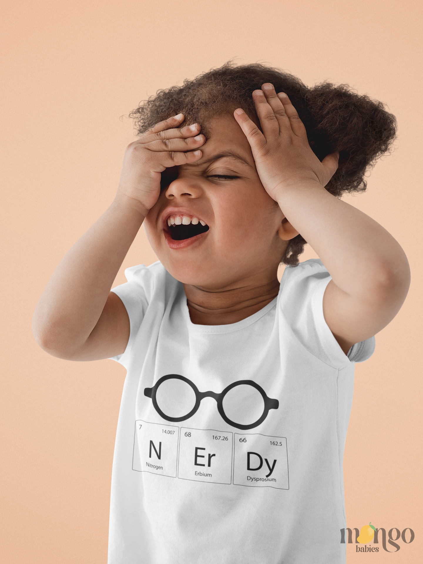 NERDY periodic table design printed on baby bodysuit, kids t-shirt, sweatshirt, and unisex adult shirt.