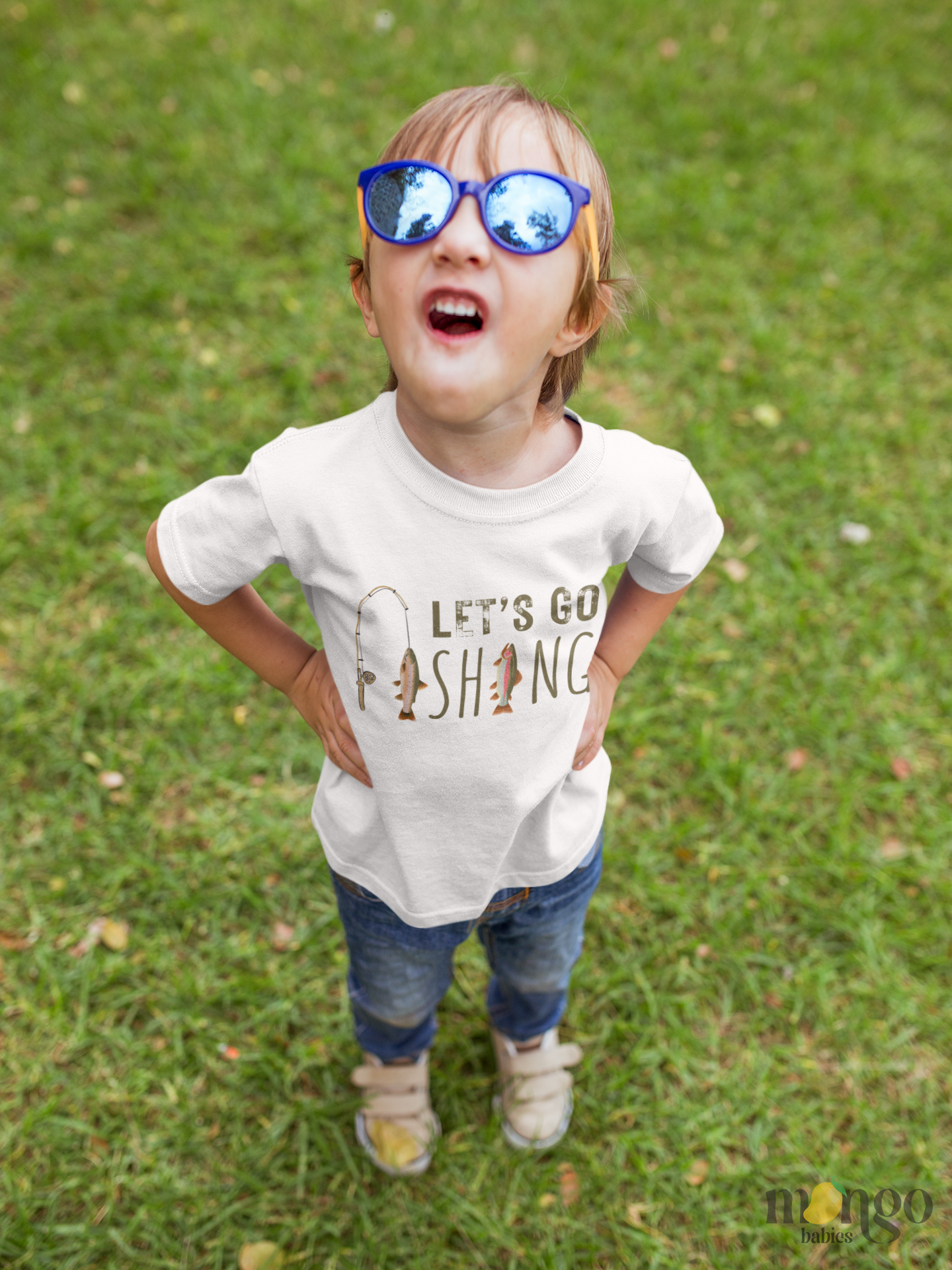 Baby onesie and kids’ T-shirt with fishing rod and fish design, text “Let’s Go Fishing,” fun outdoor-themed outfit for children.