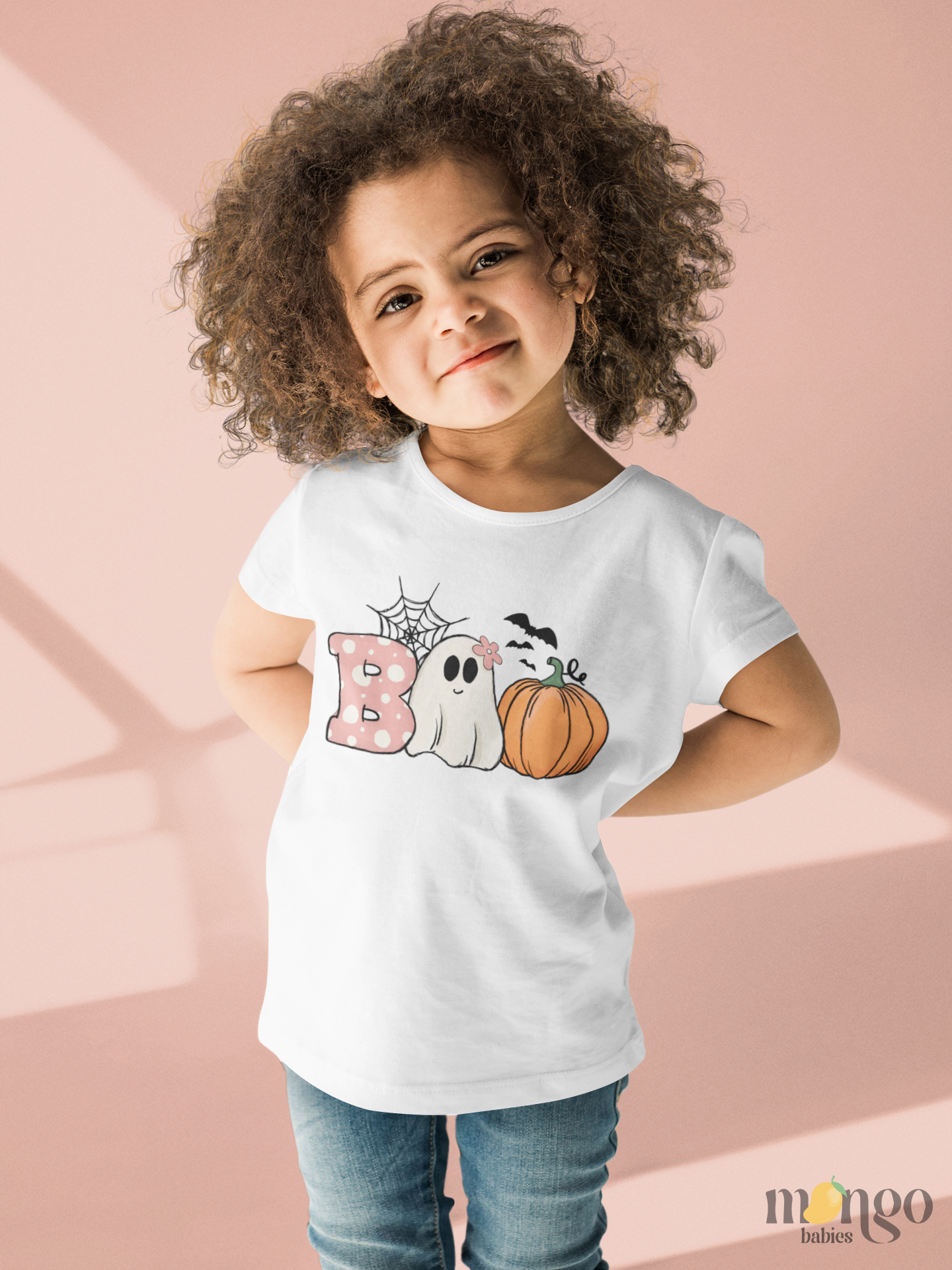 Halloween “BOO” shirt design with ghost and pumpkin letters, available as baby onesie, toddler, and kids’ t-shirt.