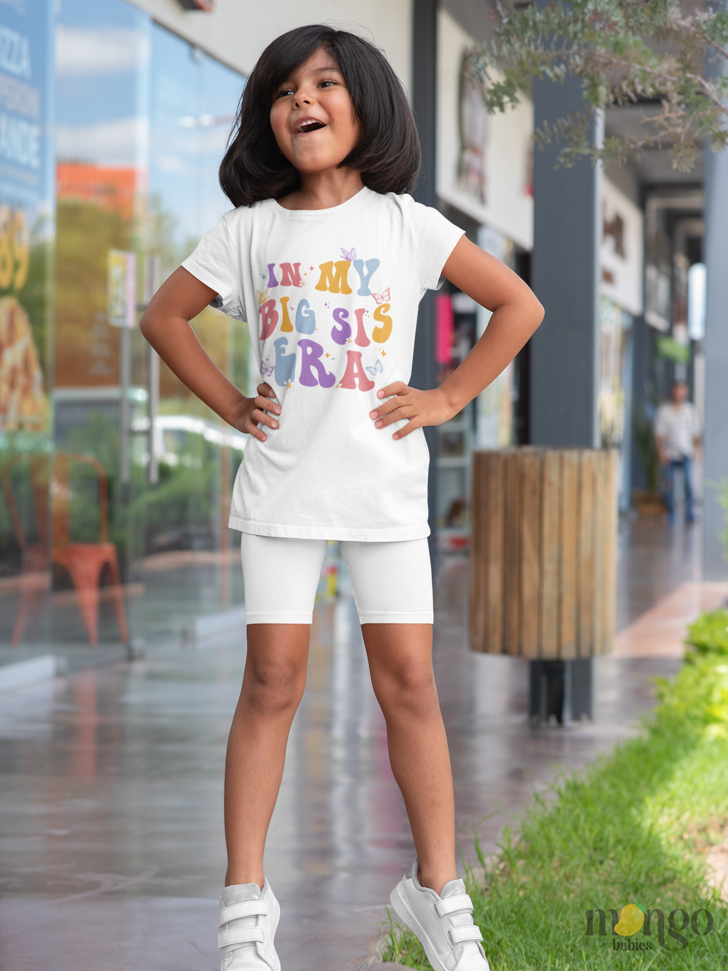 Retro butterfly “In My Big Sis Era” design printed on baby bodysuit, toddler T-shirt, or kids’ shirt.