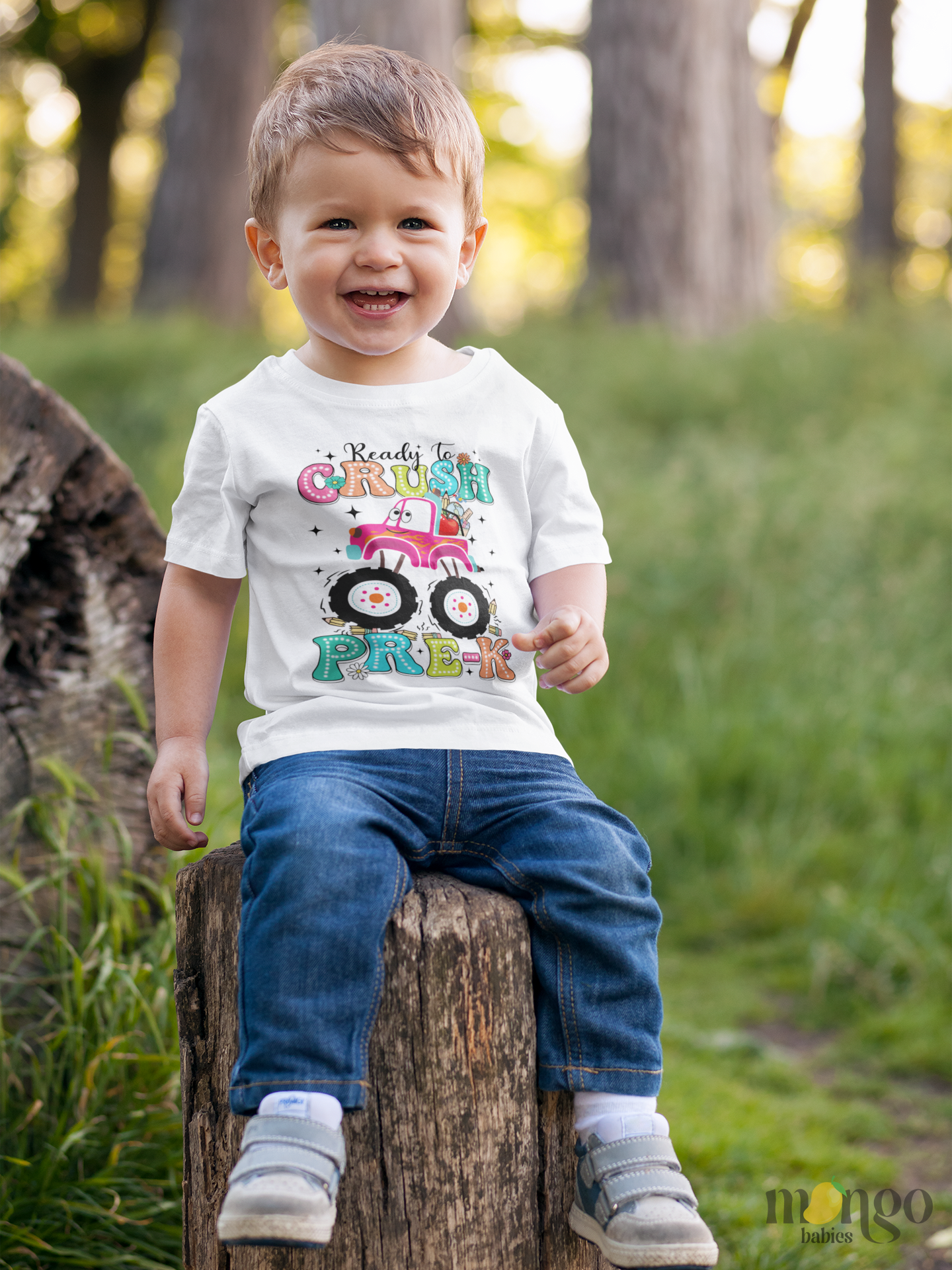 Colorful school-themed “Ready to Crush Pre-K” truck design on toddler T-shirt, kids’ T-shirt, and children’s sweater.