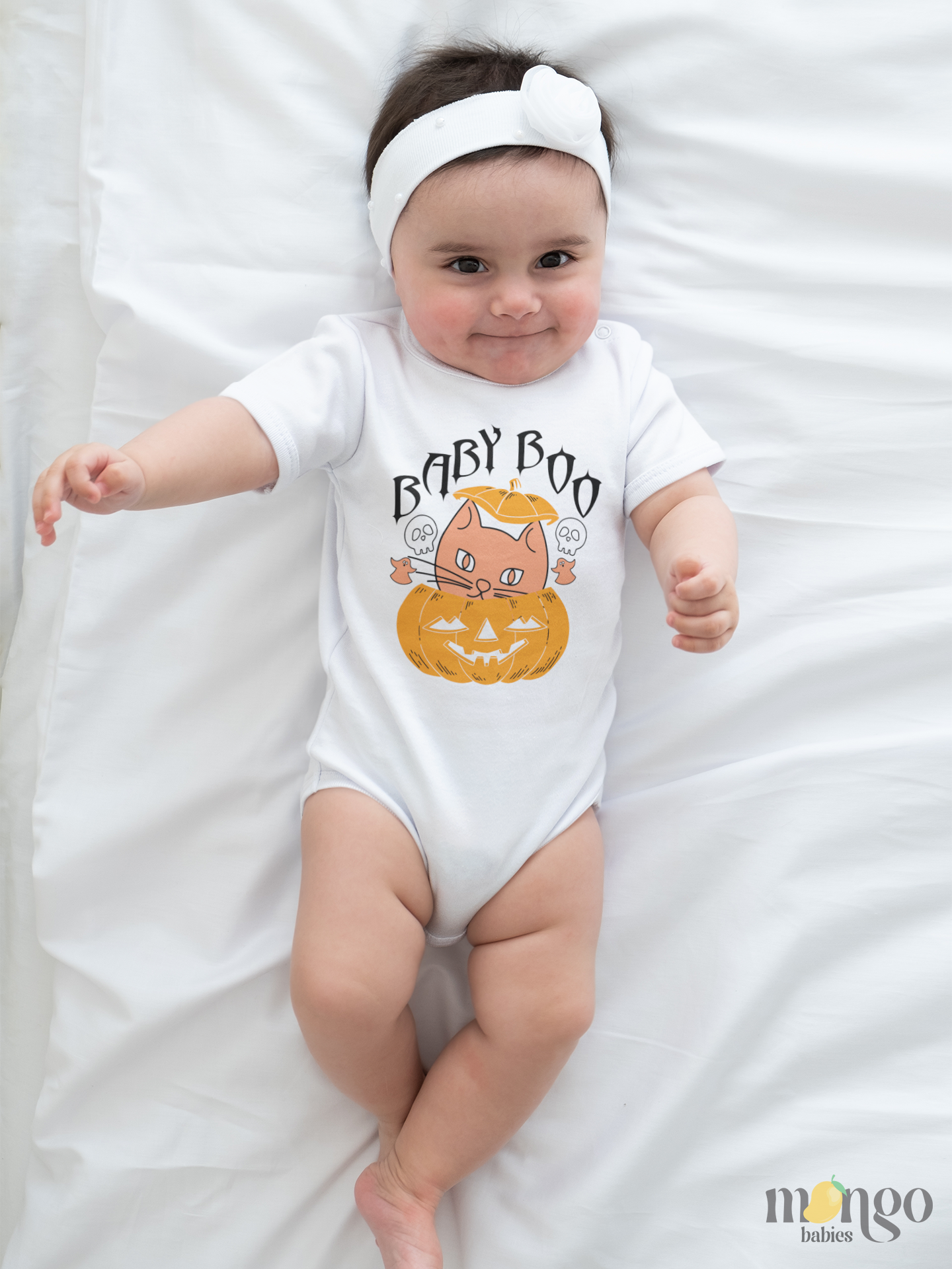 Halloween shirt with “Baby Boo” text and a cute cat sitting inside a pumpkin. Available in baby, toddler, and kids’ sizes.
