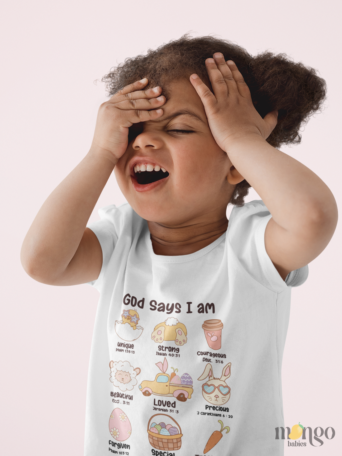Easter-themed baby onesie with “God Says I Am” text, Bible verses, and cute pastel icons. Available in toddler and kids’ T-shirt sizes.