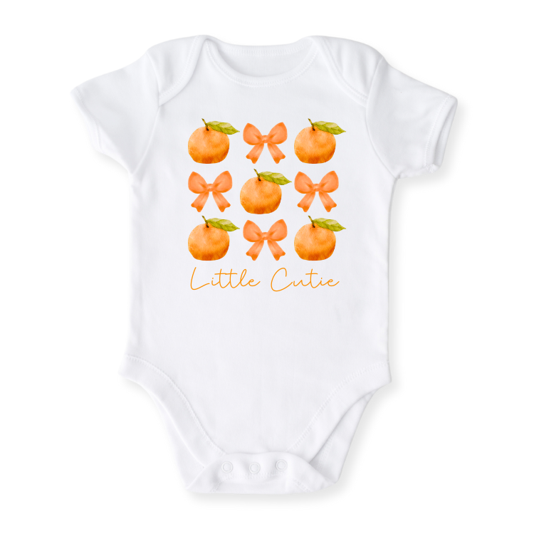 Little Cutie Baby Bodysuit with Cute Bows & Orange Design – Custom Baby Clothes, Unisex Newborn Gift, Kids & Toddler T-shirt