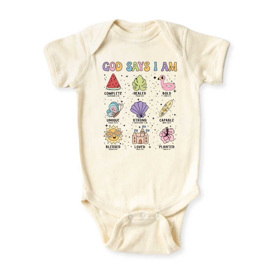 God Says I am Beach Baby Bodysuit Inspirational Tshirt for Kids Toddler Tee Baby Girl Outfit Summer Tee