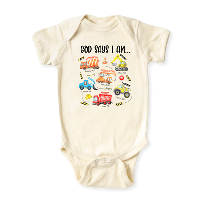 God Says I Am Construction Vehicles Baby Bodysuit – Construction Themed Kids T-Shirt Toddler Tee