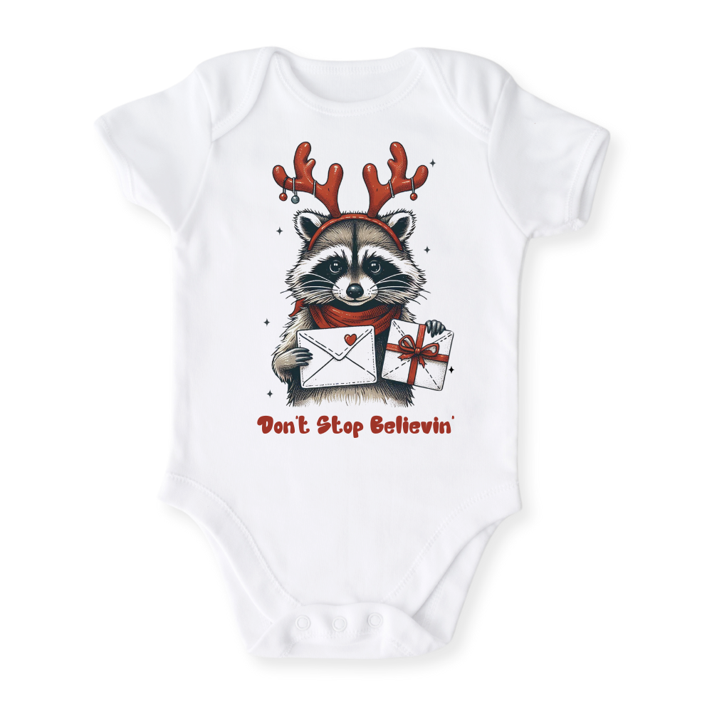 Don't Stop Believing Tshirt Christmas Baby Bodysuit, Kids & Toddler T-Shirt – Funny Racoon Outfit
