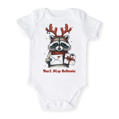 Don't Stop Believing Tshirt Christmas Baby Bodysuit, Kids & Toddler T-Shirt – Funny Racoon Outfit