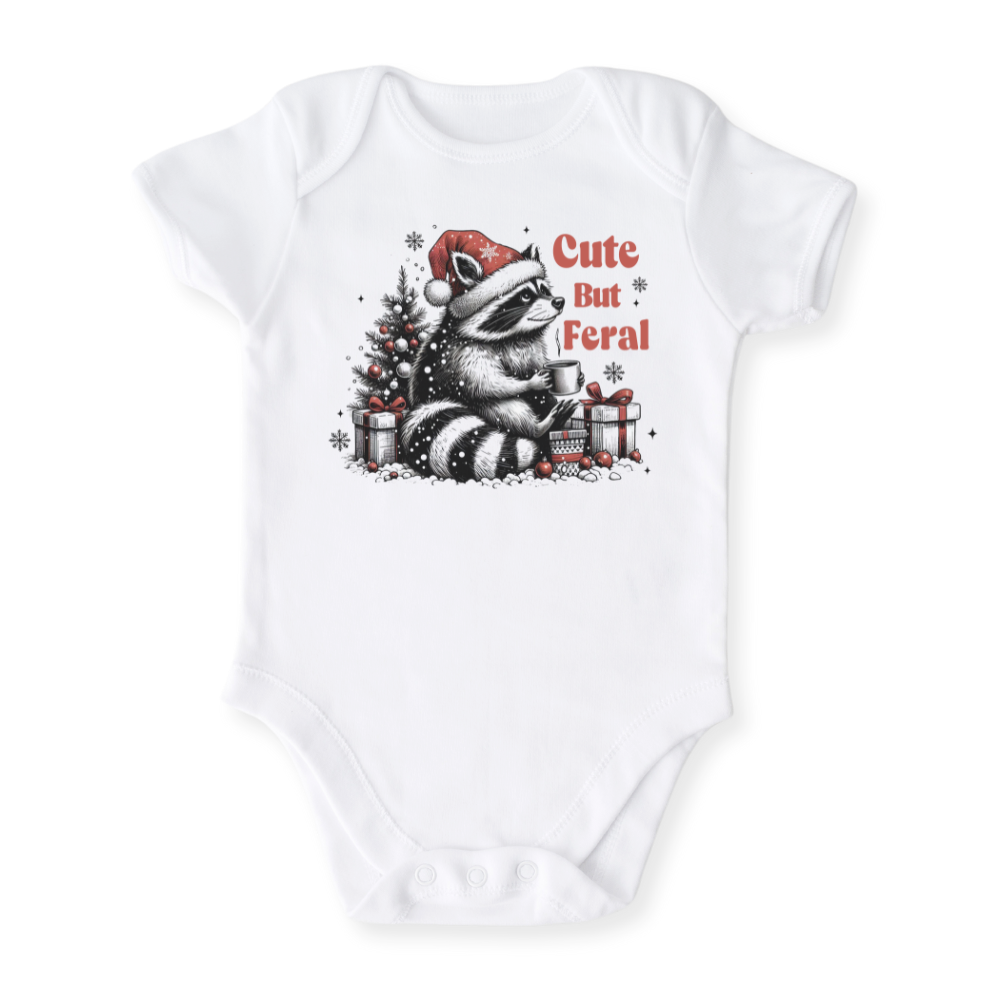 Cute but Feral Racoon Tshirt Christmas Baby Bodysuit, Kids & Toddler T-Shirt – Funny Christmas Outfit