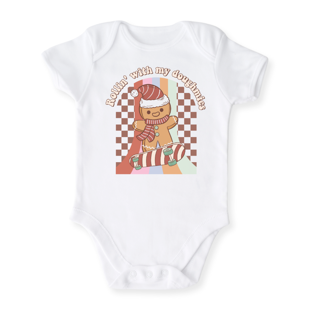 baby onesie onsie clothes girl boy funny newborn gifts outfit toddler infant apparel shirt baby shower kids unisex bodysuit little cute cool clothing christmas crew xmas merry and bright doughmies gingerbread skater