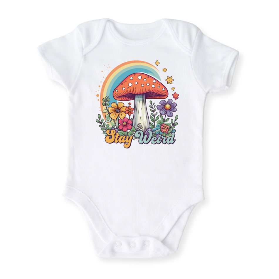 Retro Mushroom Rainbow Baby Bodysuit – Stay Weird Kids T-Shirt & Toddler Tee – Fun & Unique Outfit
