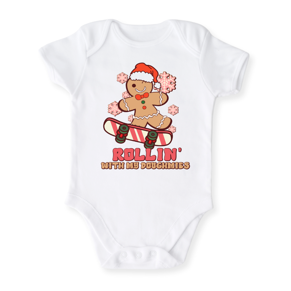 Rollin' with my Doughmies Tshirt Christmas Baby Bodysuit, Kids & Toddler T-Shirt – Christmas Outfit