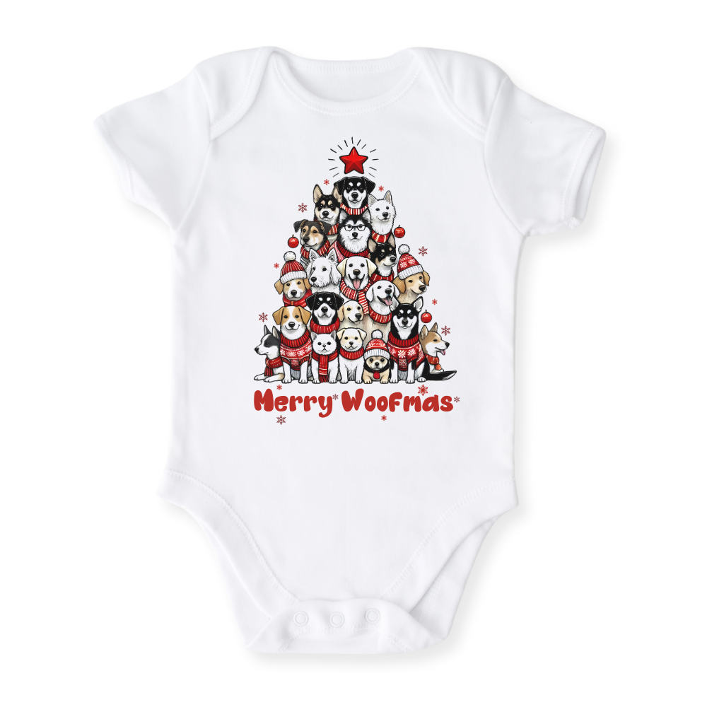 Merry Woofmas Tshirt Cute Baby Bodysuit, Kids & Toddler T-Shirt – Dog Lovers Outfit Xmas Tee
