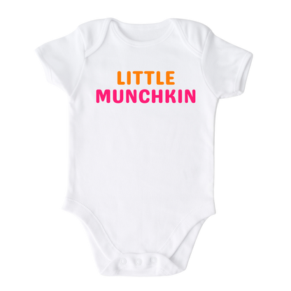 Short Sleeve White Baby Onesie with the text 'little munchkin.' This adorable design adds a playful and endearing touch to your child's outfit.