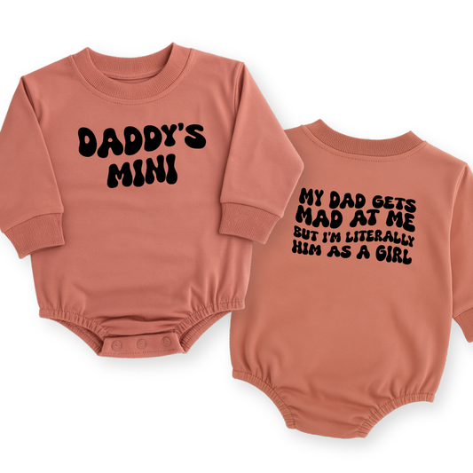 Back view of Sage baby romper with funny text about being just like dad