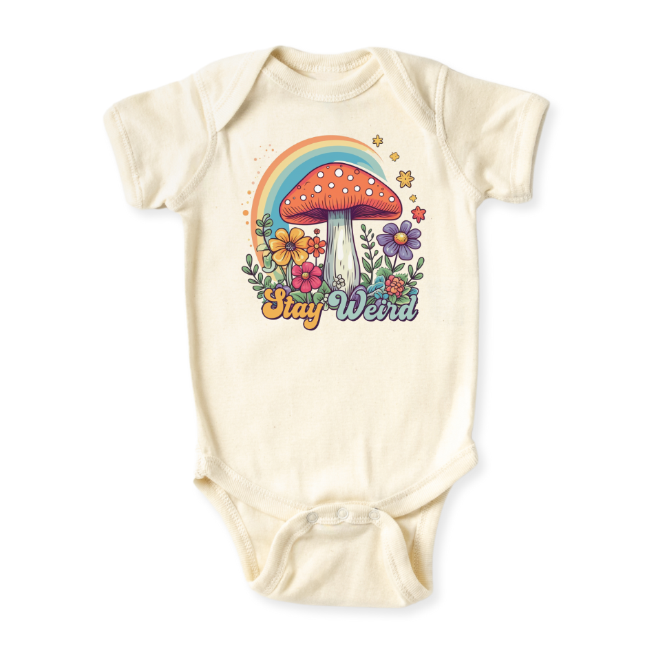 Retro Mushroom Rainbow Baby Bodysuit – Stay Weird Kids T-Shirt & Toddler Tee – Fun & Unique Outfit