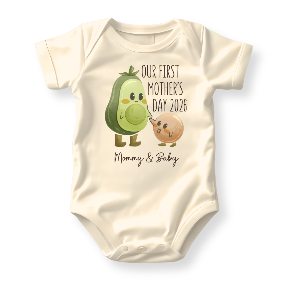 Baby onesie natural onesie with design of "Our First Mother' Day 2026 Mommy & Baby" and avocado icons