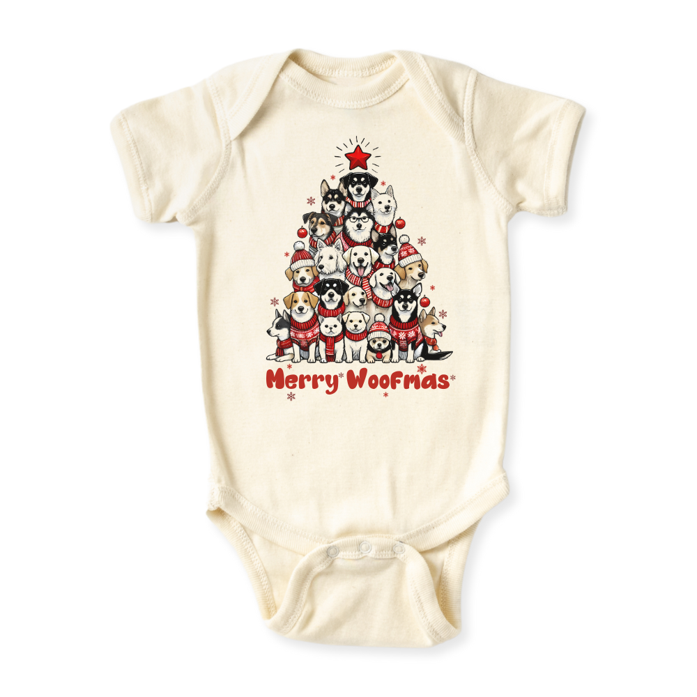 Merry Woofmas Tshirt Cute Baby Bodysuit, Kids & Toddler T-Shirt – Dog Lovers Outfit Xmas Tee