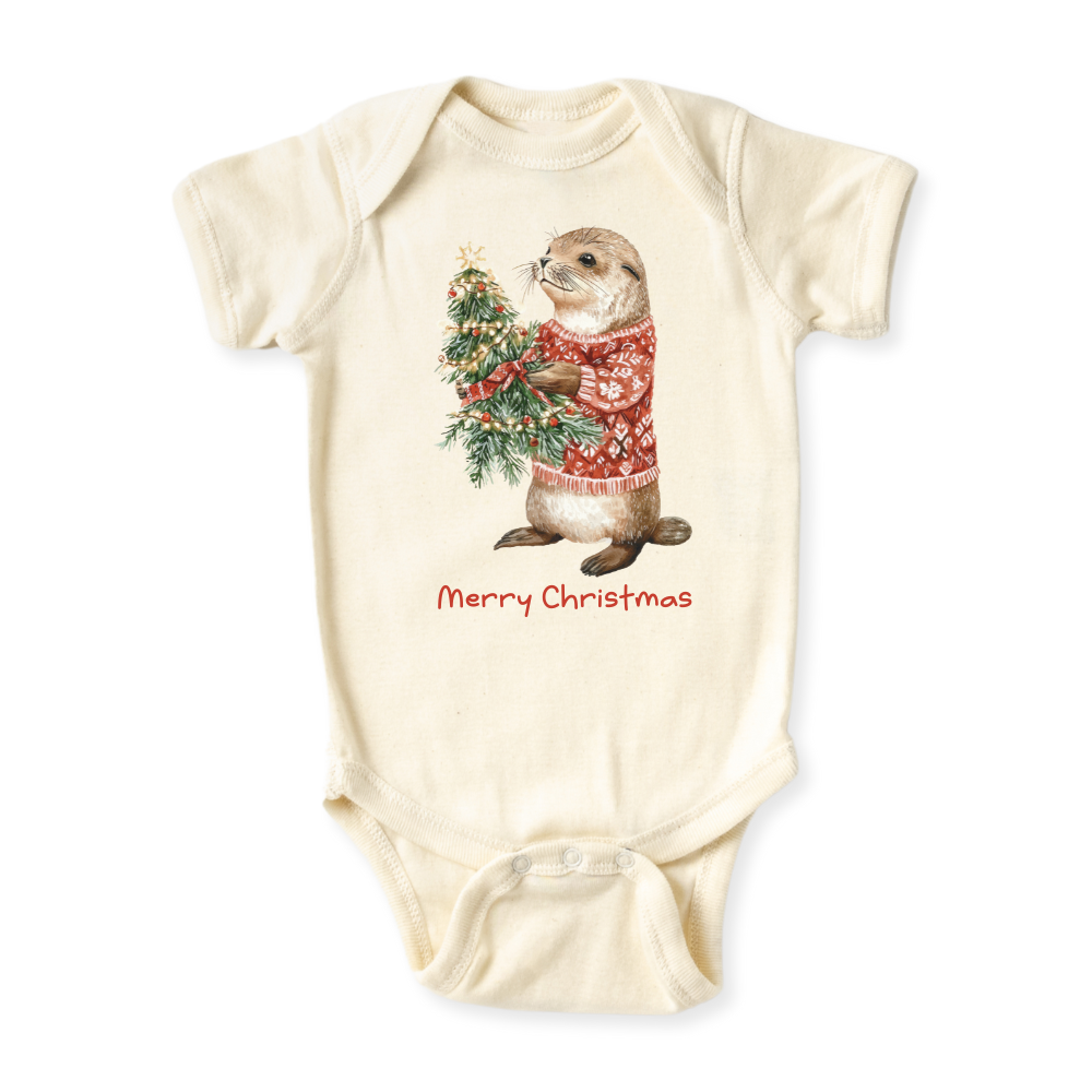 baby onesie onsie clothes girl boy funny newborn gifts outfit toddler infant apparel shirt baby shower kids unisex bodysuit little cute cool clothing my first christmas xmas santa otter animals river nature